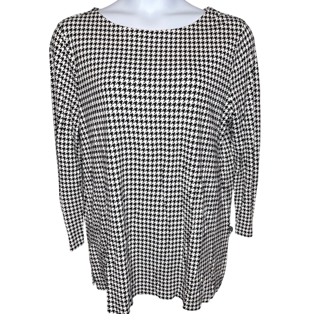 Chico's Womens Black Houndstooth Tunic Top Sz 3/XL Office Wear Classic Preppy